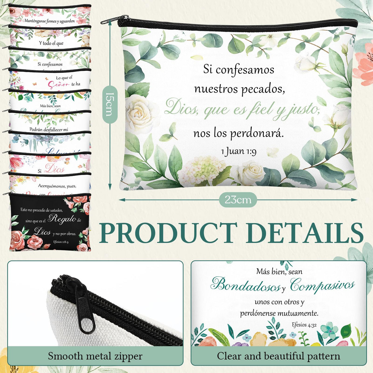 Abbylike 40 Pcs Christian Gift for Women Include 20 Bible Verse Makeup Bags 20 Christian Compact Mirrors Inspirational Religious Scripture Gift for Mom Sister Birthday Christmas(Spanish Style)