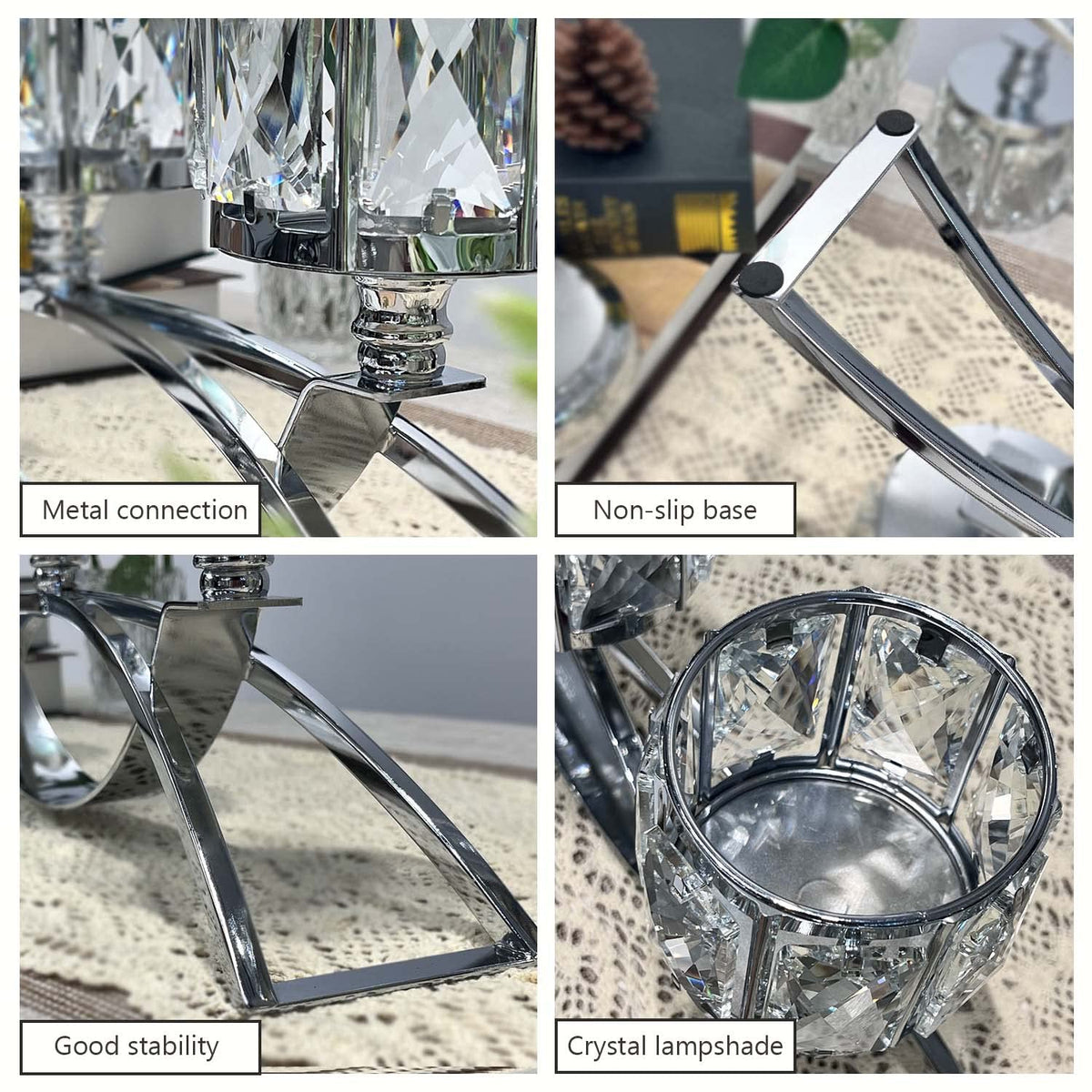 KEHAIL 3 Arms Crystal Candle Holders, Arch Candlestick Table Candelabras Centerpieces for Wedding, Dinning Room, Cabinet Ornaments, Home Decoration， Gift (3-arm Arched, Silver)