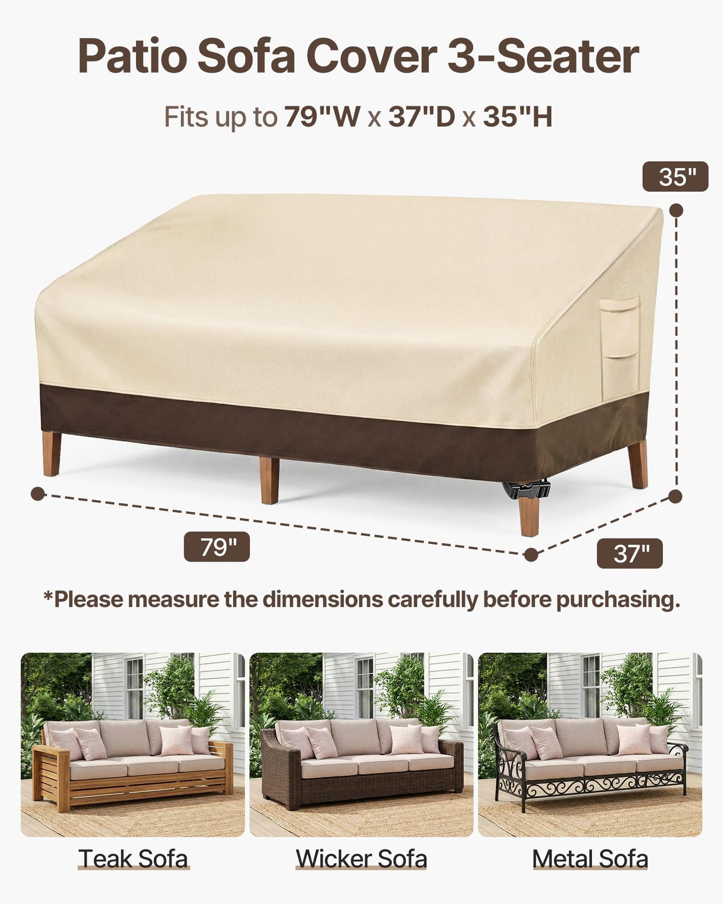 Vailge Heavy Duty Patio Sofa Cover, 100% Waterproof 3-Seater Outdoor Sofa Cover,Lawn Patio Furniture Covers with Air Vent and Handle,79" Wx 37" Dx 35" H,Beige&Brown