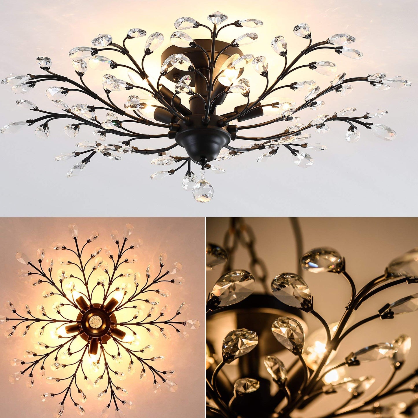 Garwarm 5 Lights Vintage Crystal Chandeliers Ceiling Lights LED Light K9 Clear Crystal Pendant Lighting Ceiling Light Fixtures Chandeliers Lighting for Living Room Bedroom Restaurant Porch (Black)