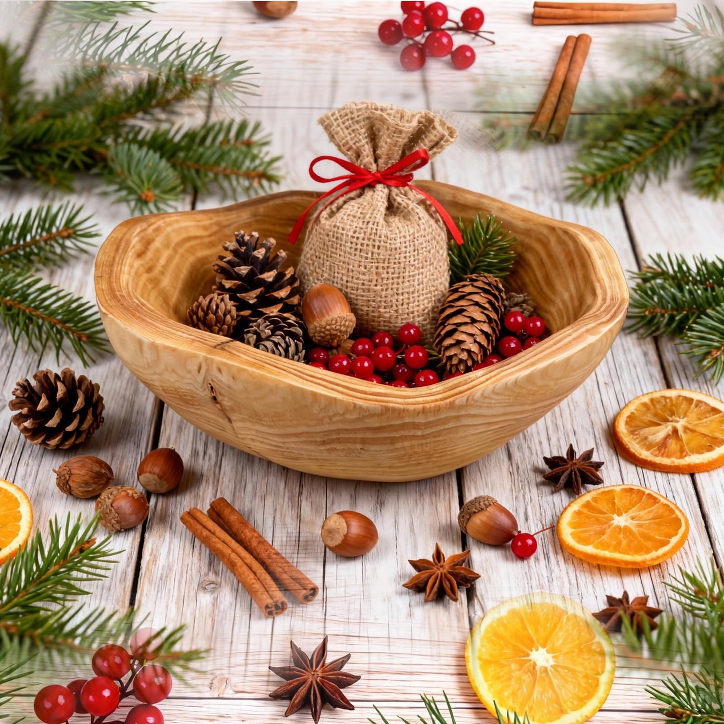Fakindiy Handmade Wood Kitchen Fruit Bowl 10-12in - Irregular Wooden Decorative Bowl for Kitchen Counter, Wooden Serving Bowl for Salads Snacks Keys and Home Decor