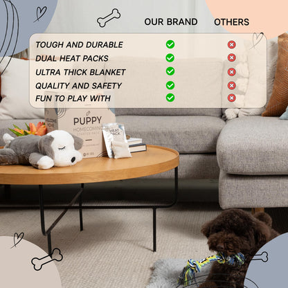 LUNA + RUFUS Upgraded Heartbeat Puppy for Dogs with Blanket, Heat Packs and Chew Toy - Pet Anxiety Relief and Calming Sleep Aid - Perfect Dog Stuffed Animal for Behavioral Crate Training - Dog Toys