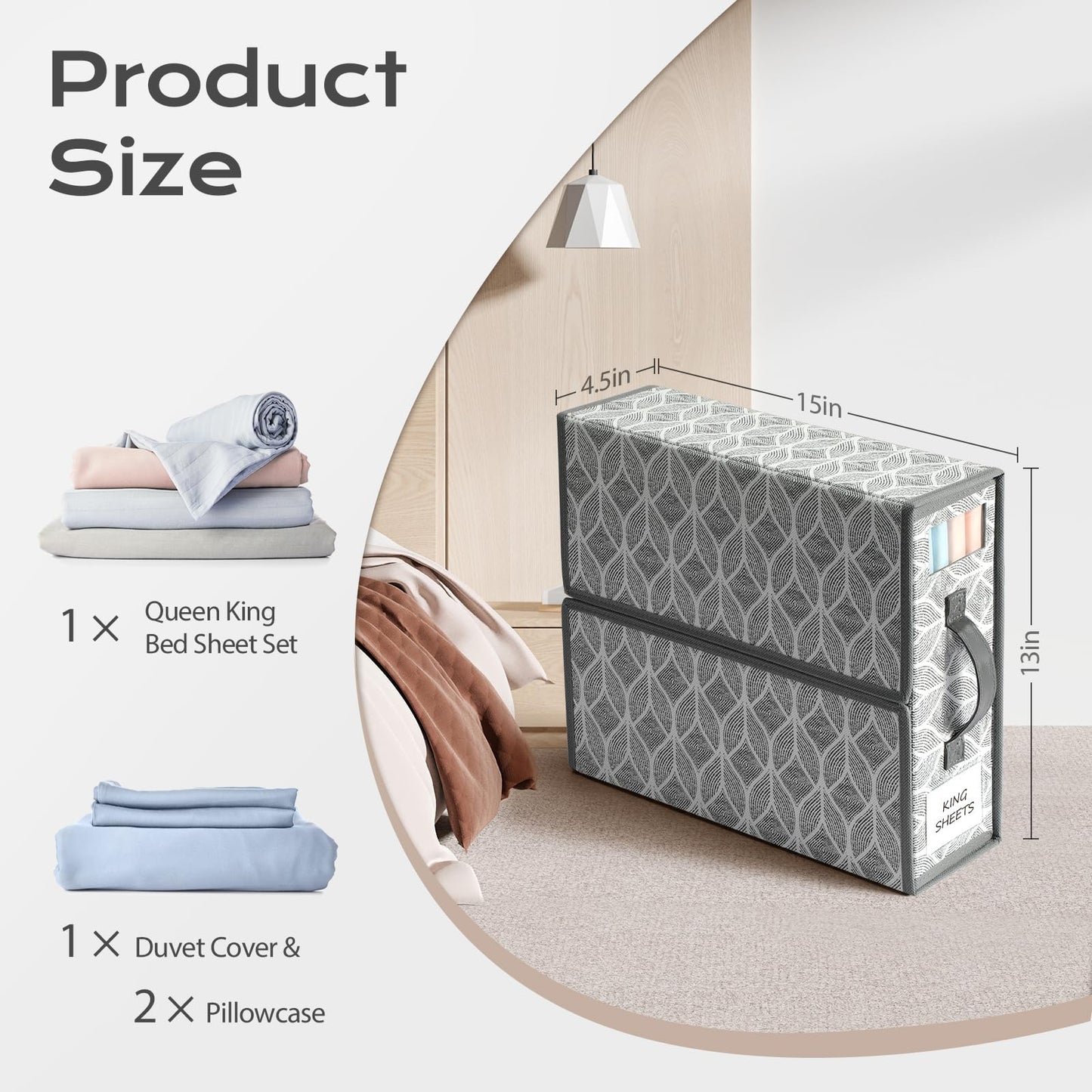 Yecaye 8 Pack Sheet Organizers and Storage with Clear Window and Label, Foldable Bed sheet Organizer for Linen Closet, Fabric Bedding Storage Box for Duvet Covers, Pillowcases, Queen & King Size, Grey