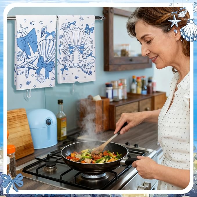 Breling Set of 6 Coastal Beach Kitchen Towels Blue Bow Dish Towel Bathroom