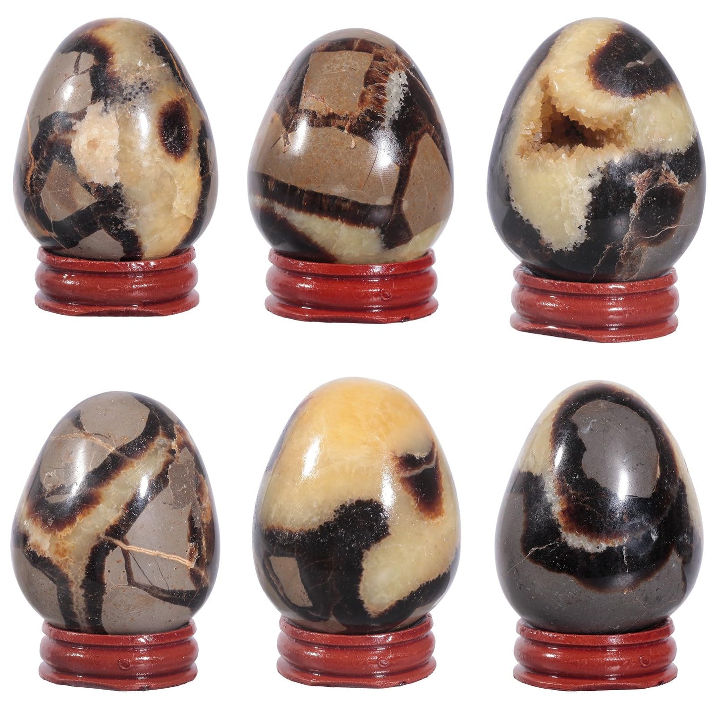 Nupuyai 1.97"-2.56" Natural Septarian Dragon Crystal Egg with Wooden Stand Healing Stone Egg for Divination Fengshui Meditation Home Decorations
