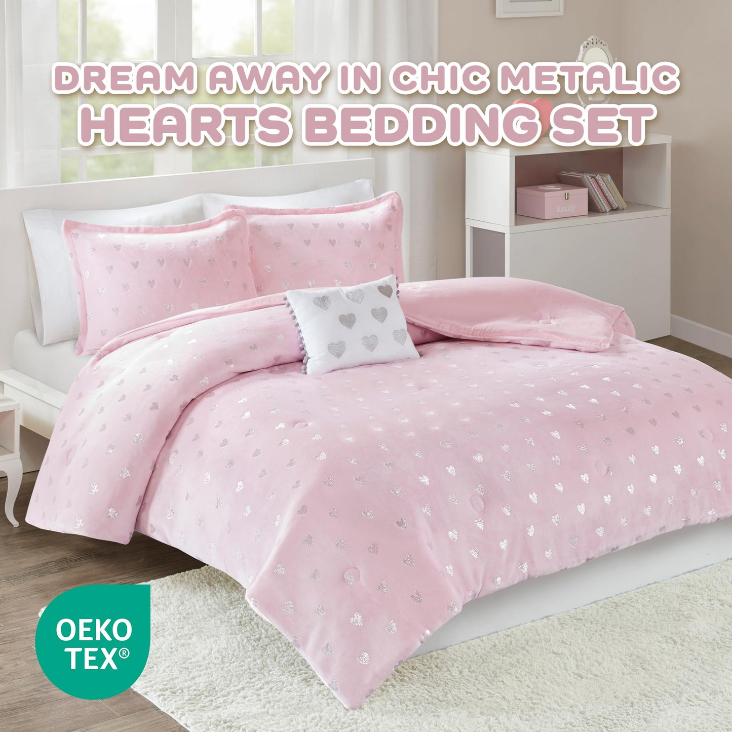 Intelligent Design Twin Comforter Set, 3 Piece Metallic Hearts Cozy Bedroom Set for Girls, Twin Bed Set Soft & Plush Comforter, All Season Fluffy Bedding Set, Rosalie, Twin/Twin XL, Pink Silver