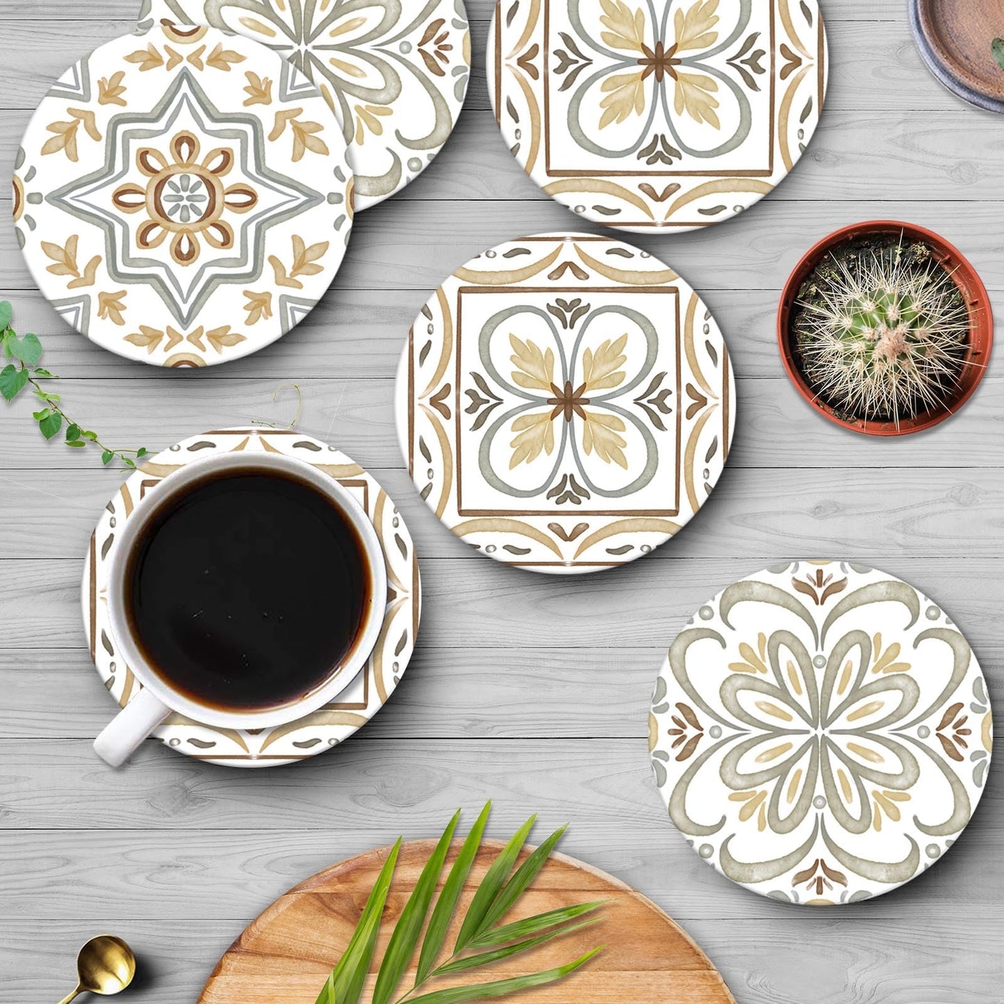 Bribay Coaster for Drinks Set of 6, Ceramic Gray Moroccan Talavera Absorbent Round Ceramic Stone Mat, with Cork Base and Metal Holder, Gift for Housewarming Room Bar Decor