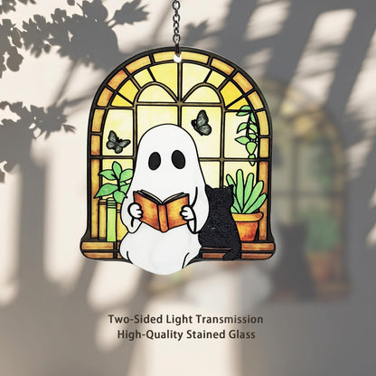 Ghost Black Cat Suncatcher, Ghost Reading Book Christmas Giifts for Women, Cat Lover Gifts