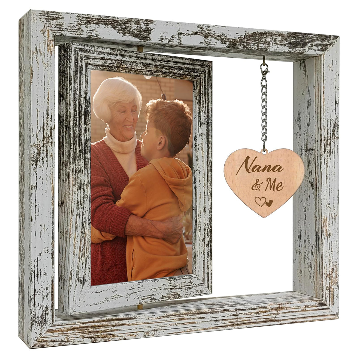 soruney Nana Picture Frame 4x6 Rotating Double Sided Wooden Photo Frame - Nana Gifts from Grandkids for Mother's Day Christmas, Rustic Frame with Nana & Me Charm