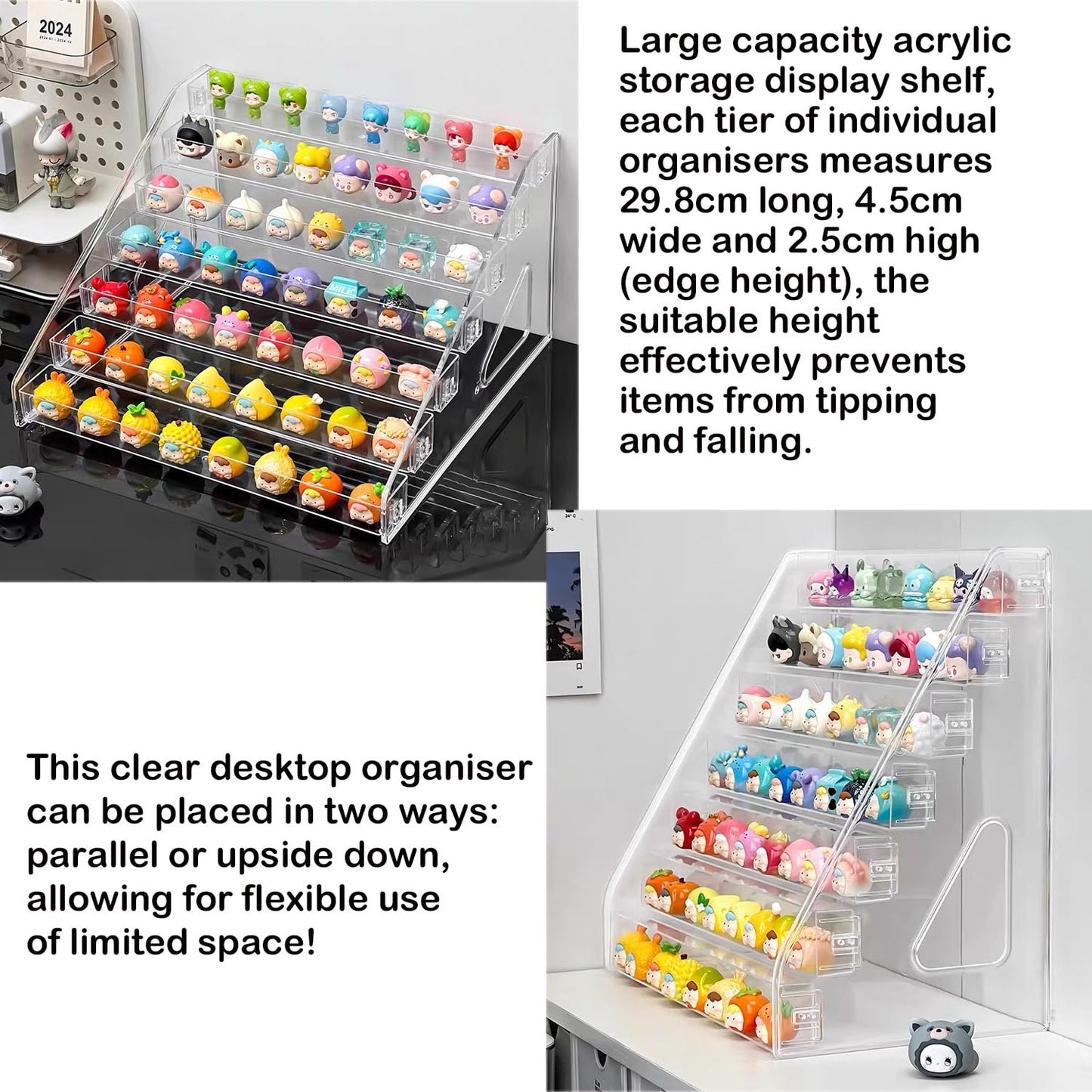 5 Tier Acrylic Display Stand Organiser with Fences, No Assembly Perfume Stand Organiser, Clear Display Shelf for Home, Office, Retail for Funko Figures Toys Cupcake Food, Cologne, Cosmetics, Storage