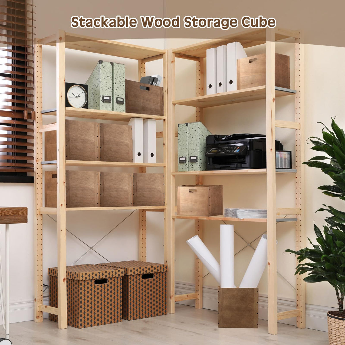 Menkxi 4 Pcs Stackable Wood Storage Cube for Shelves Closet Wooden Bins Box Wood Crates Storage Baskets Container for Toy Books Clothes Home Office, Dark Brown(14 x 10 x 10 Inch)