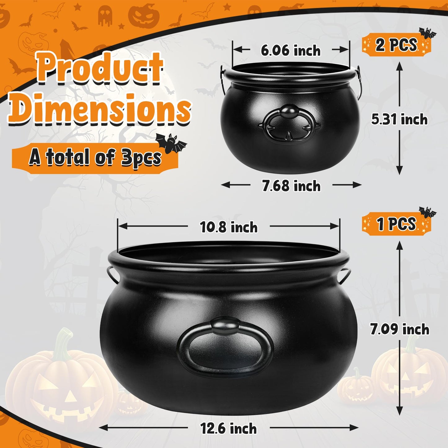 3PCS Cauldron Halloween Decor, 12.6" and 7.68" Halloween Bucket Witch Cauldron, Plastic Black Candy Holder Pot Spooky Punch Bowl for Halloween Decorations Trick or Treat St Patrick's Day Party Favors