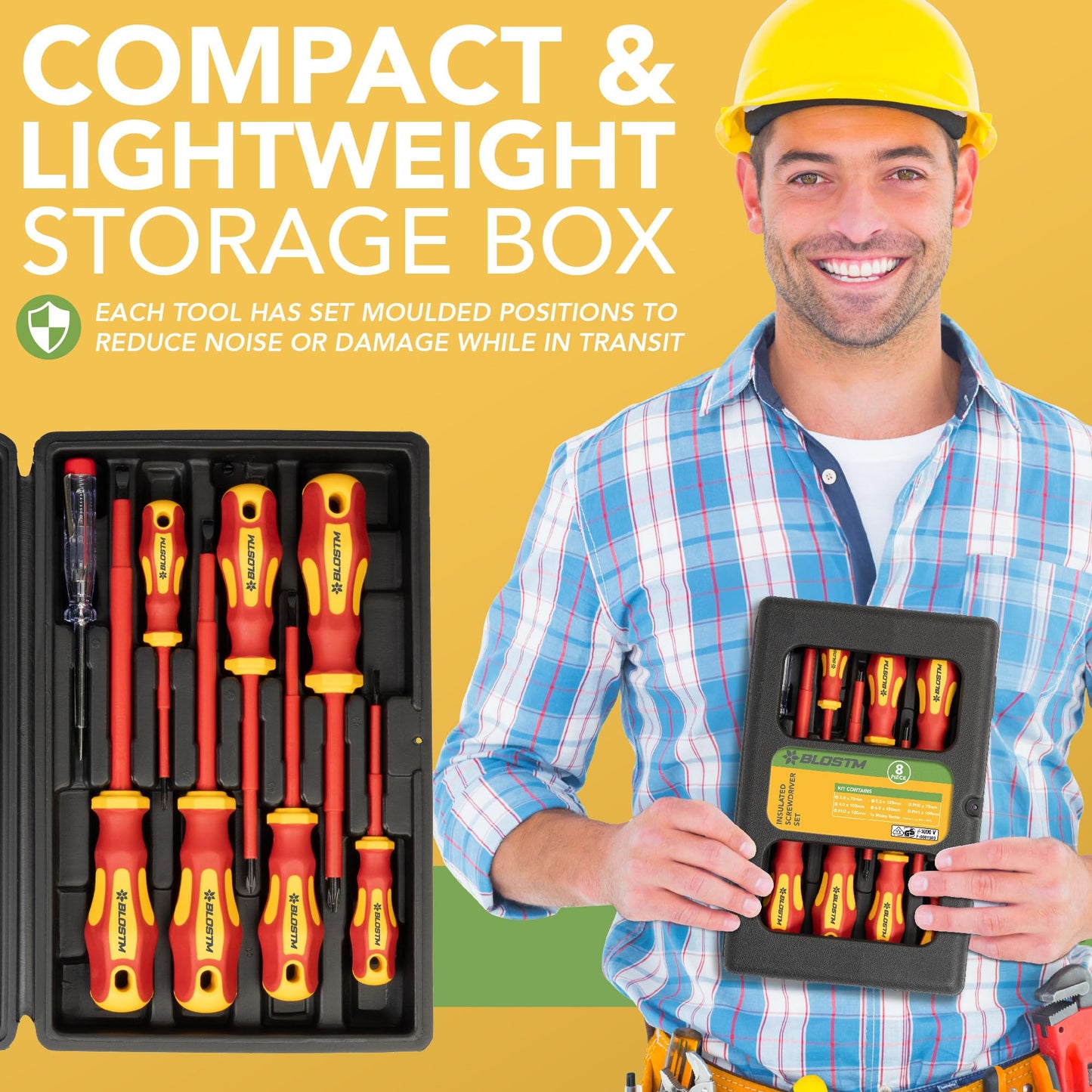 BLOSTM Insulated Screwdriver Set - 8pcs VDE Tested Electrical Screwdriver Set to 1000V, Hardened Black Point Magnetic Tipped Electricians Screwdriver Set with Anti-Roll Design - Storage Case Included