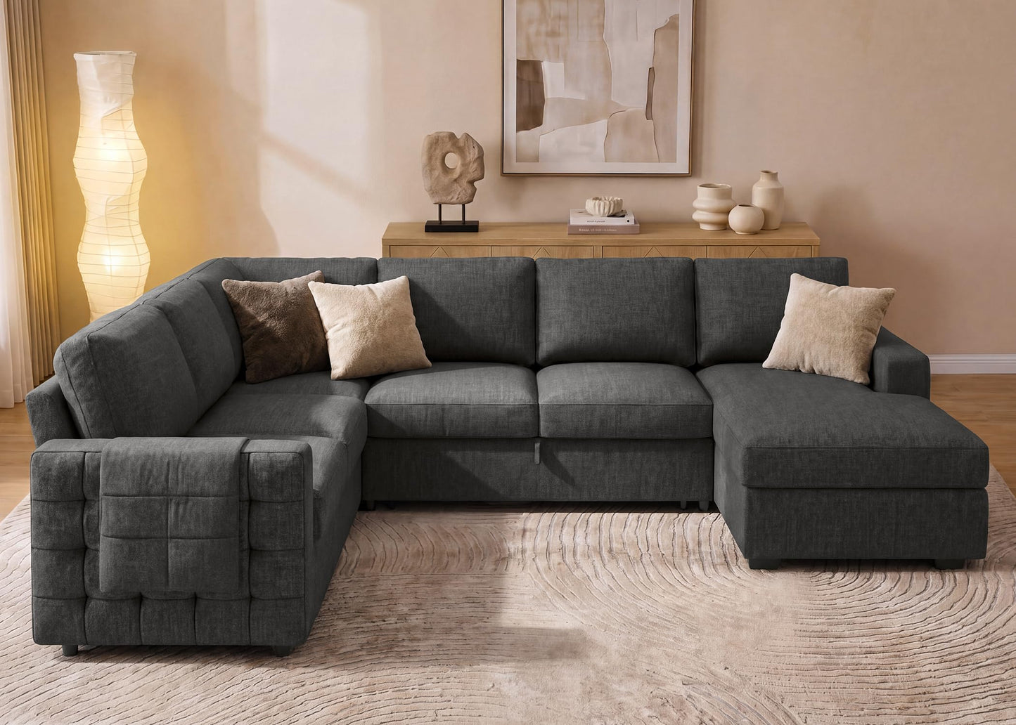HONBAY Sectional Couch with Pull Out Bed, U-Shaped Sectional Sleeper Sofa with Storage, 6 Seater Sectional Sofa Bed, Mid-Grey