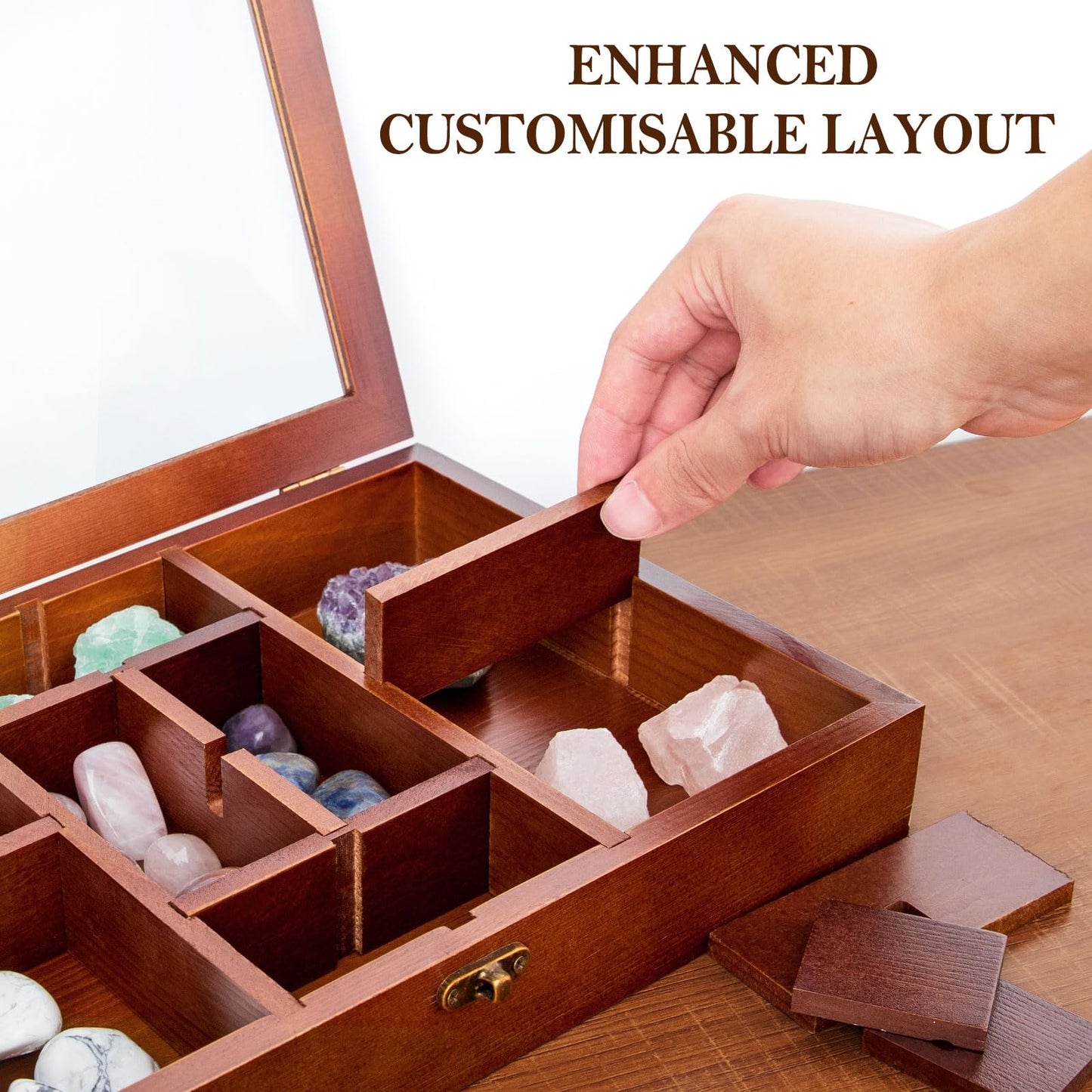 Crescent Moon Tray Crystal Holder Set, Adjustable Rock Display Case, Rock Collection Box with Shelves, Wood Crystal Organizer for Stones Storage,Gem Holder with Lid for Seashell