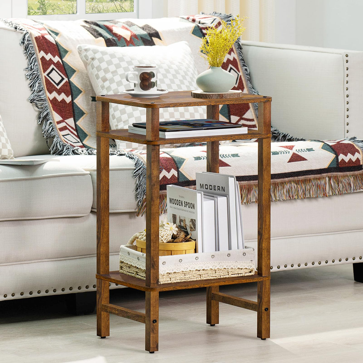 YUFAM Side Table End Table Tall Night Stand 3-Tier for Living Room Bedroom Bathroom Office Furniture Brown