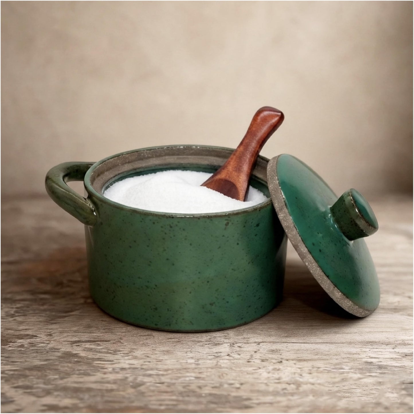 seicasaya Handcrafted Speckled Ceramic Salt Cellar with Wooden Spoon, Rustic Vintage Spice Jar, Dishwasher Safe, 8.45 fl oz (Vintage Green)