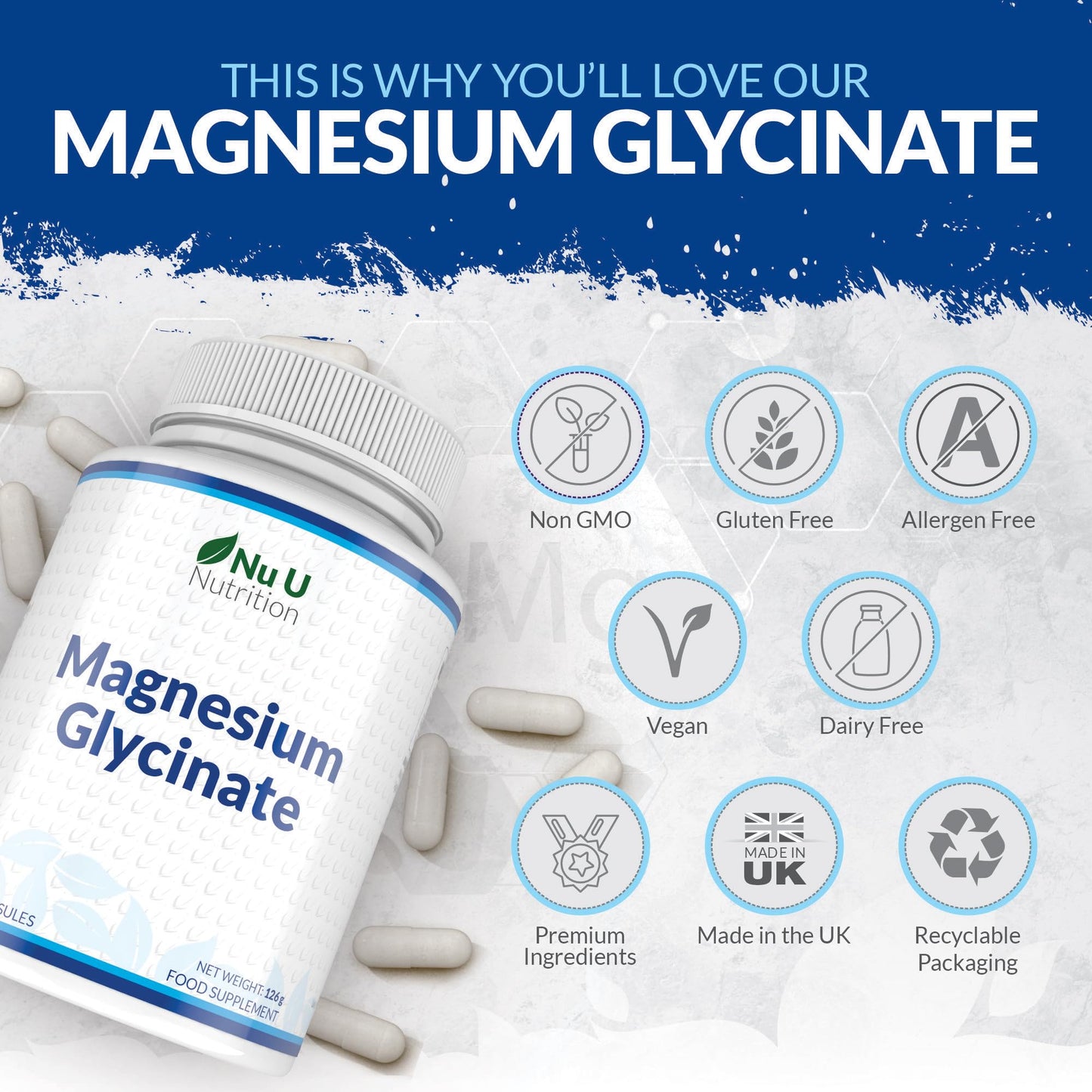 Magnesium Glycinate Supplements 1000mg (Bisglycinate) - 180 High Strength Vegan Capsules - 3 Month Supply - Providing 200mg of Elemental Magnesium - Made in The UK - Nu U Nutrition