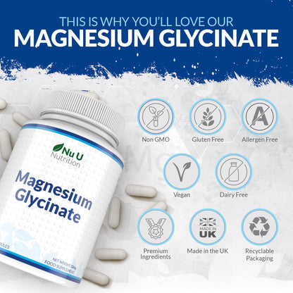 Magnesium Glycinate Supplements 1000mg (Bisglycinate) - 180 High Strength Vegan Capsules - 3 Month Supply - Providing 200mg of Elemental Magnesium - Made in The UK - Nu U Nutrition