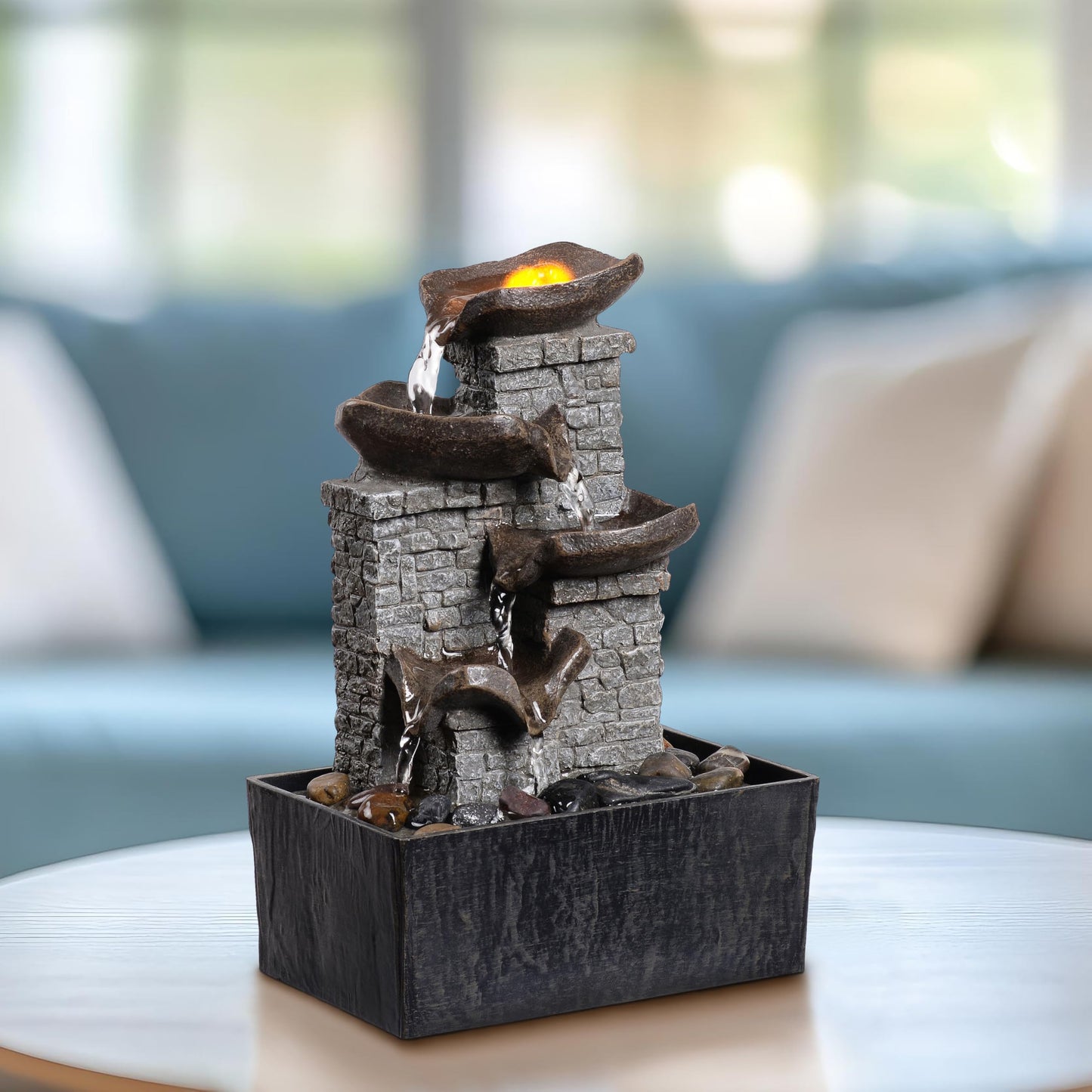 MAOCHI Tabletop Indoor Water Fountain Cascading with 3-Tier Bowl Brick Wall Design with LED Light Tabletop Zen Decor