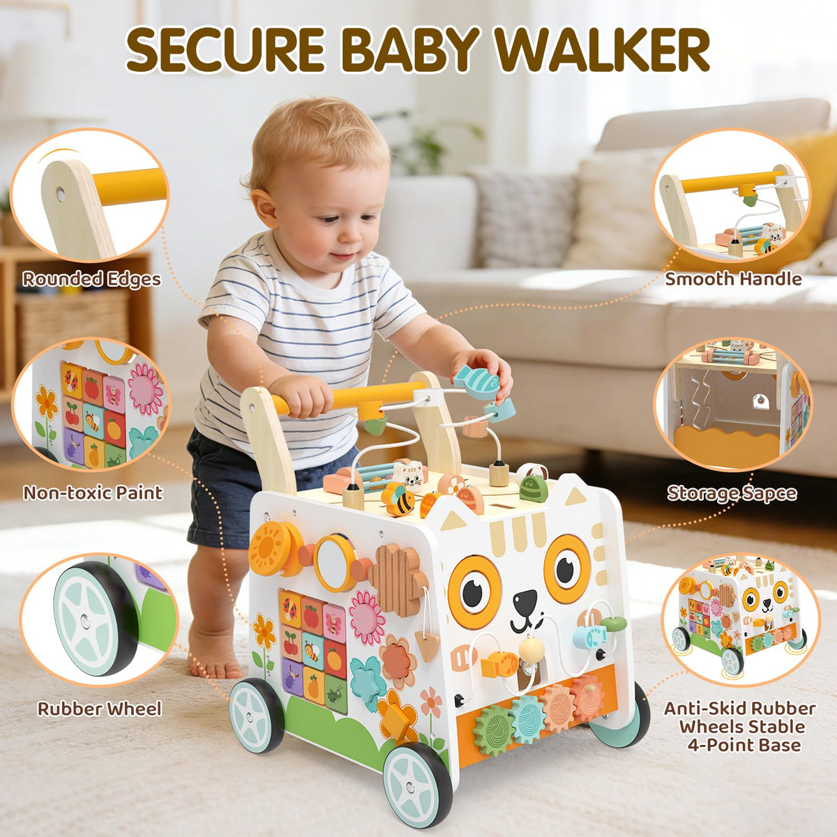 Weilim Wooden Baby Push Walker with Activity Center, Montessori Toy 12M+