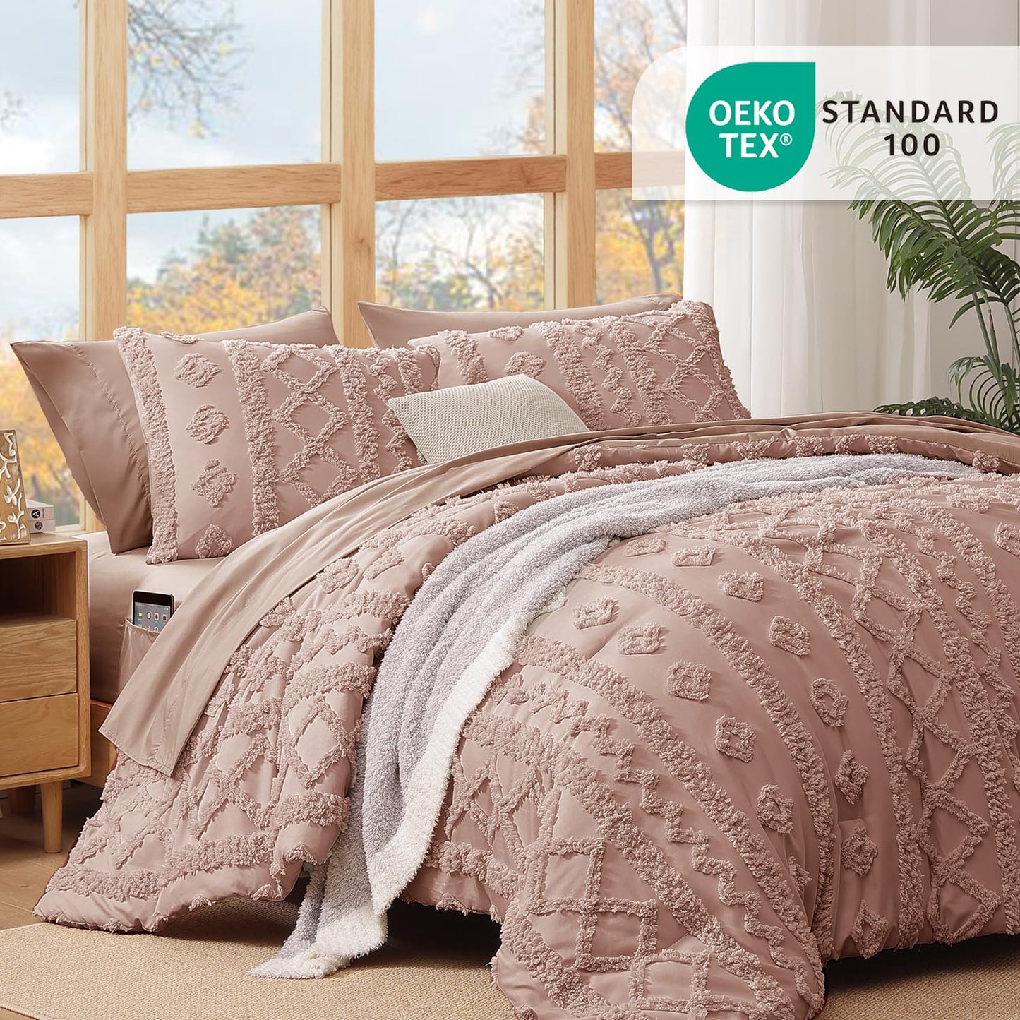 WRENSONGE Queen Comforter Set with Sheets - 7 Pieces Rusty Pink Tufted Bed in a Bag Queen Shabby Chic Bedding Sets with 1 Comforter, 2 Sheets, 2 Pillowcases & 2 Shams