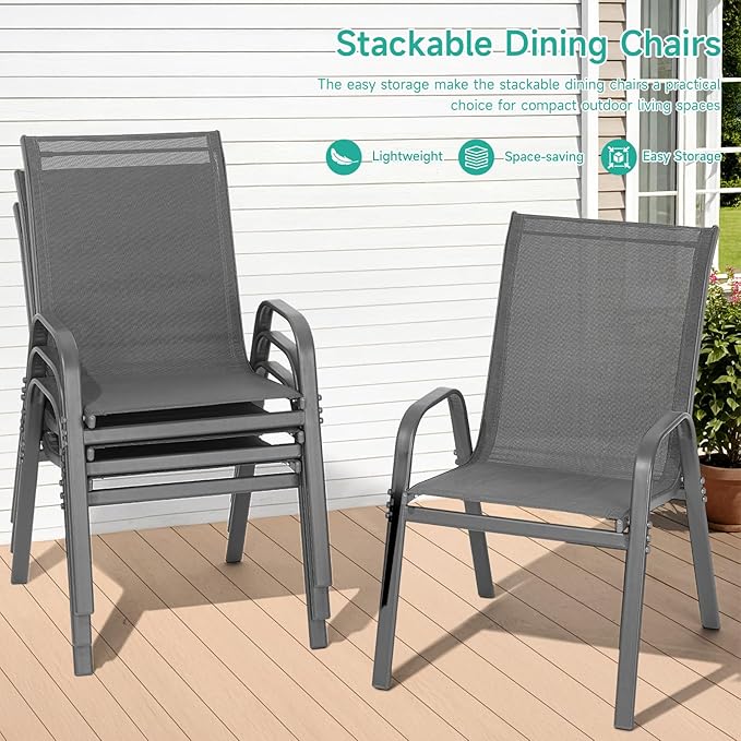 Patio Chairs Set of 2, All Weather Breathable Stackable Outdoor Dining Chairs with High Back and Wide Seat, Easily Set Up Outdoor Chairs Set of 2 with Metal Frame for Backyard Garden Pool, Grey