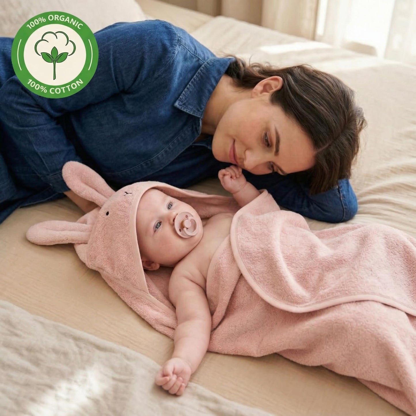 Huxie Baby Hooded Towel – Organic Cotton Baby Bath Towels – Baby Towels, Baby Bath Towels for Baby Girl, 32" x 32" Super-Soft and Absorbent Baby Towels for Newborn (Rabbit - Blush)