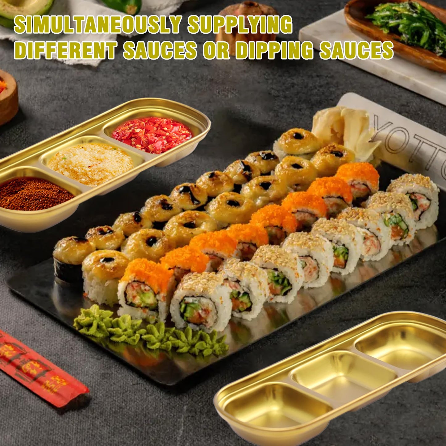 14 Pcs Soy Sauce Dish Stainless Steel Divided Dip Bowls Korean Sauce Plate Seasoning Dipping Condiment Tray for Sushi BBQ Vinegar Spice Salt Sugar Flavor Home Kitchen Restaurant (Gold, 3 Compartment)