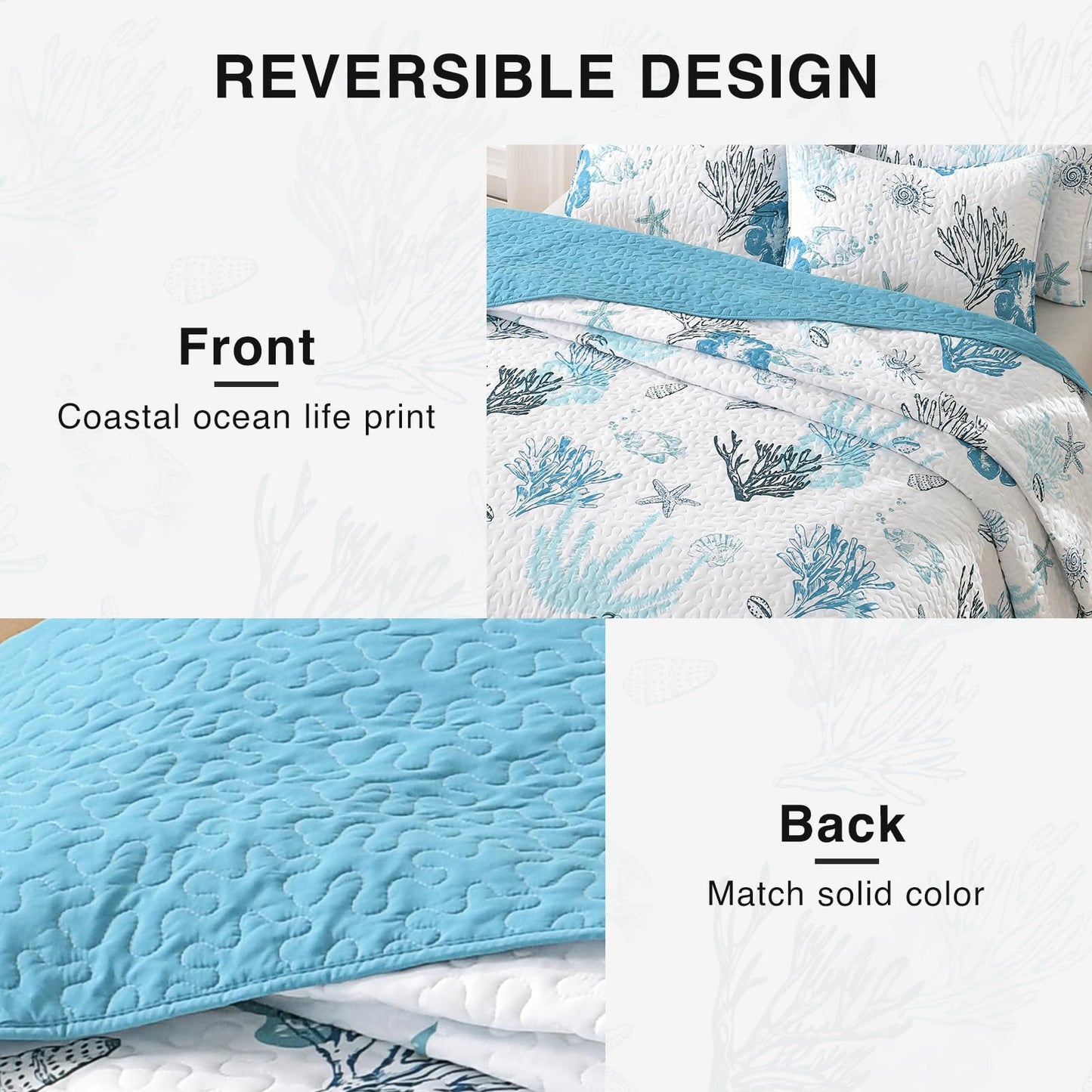 HORIMOTE HOME Coastal Quilt Bedding Set Queen Size, Reversible Blue Summer Beach Quilt Lightweight Ocean Nautical Comforter Tropical Bedspread Coverlet with 2 Pillow Shams for All Seasons (90"x96")