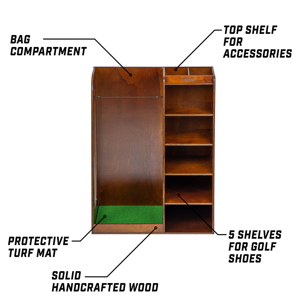GoSports Premium Wooden Golf Bag Organizer and Storage Rack - Choose Your Style