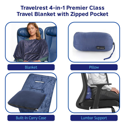 Travelrest 4-in-1 Travel Blanket - Pillow Blanket for Airplanes, Compact, Built in Carry Case, Ultra Plush and Soft for Long Travels, Wearable, Zippered Pocket