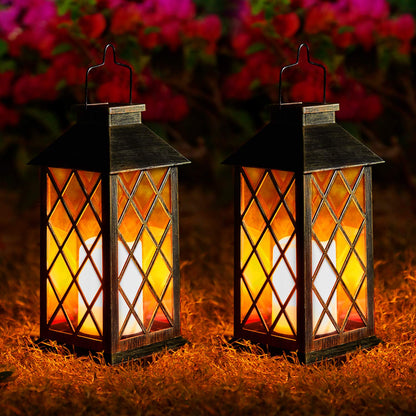 Solar Lanterns for The Garden– 2 Pack Garden Lanterns Flickering Moroccan-Style Outdoor Lights Auto On/Off Waterproof IP44 Warm White LED Ideal for Patio, Pathway & Christmas Decor