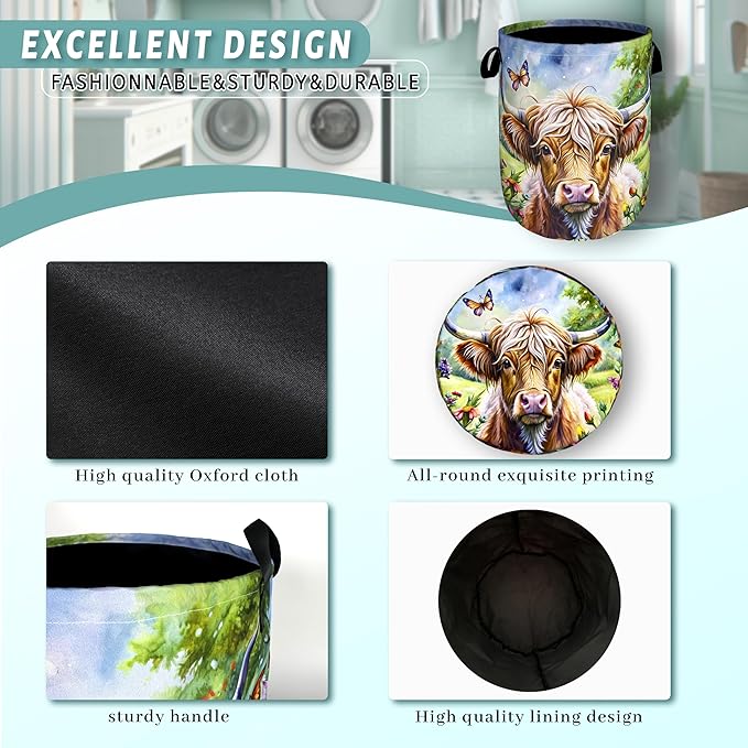Highland Cow Laundry Basket Floral Foldable Funny Laundry Hamper Oxford Cloth