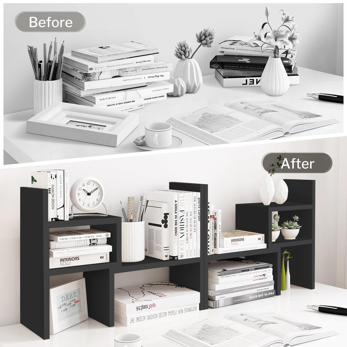 Jerry & Maggie Desktop Organizer Office Storage Rack Adjustable Wood Display Shelf, Birthday Gifts Toy Home Decor Free Style Rotation Display True Natural Stand Shelf (Black)
