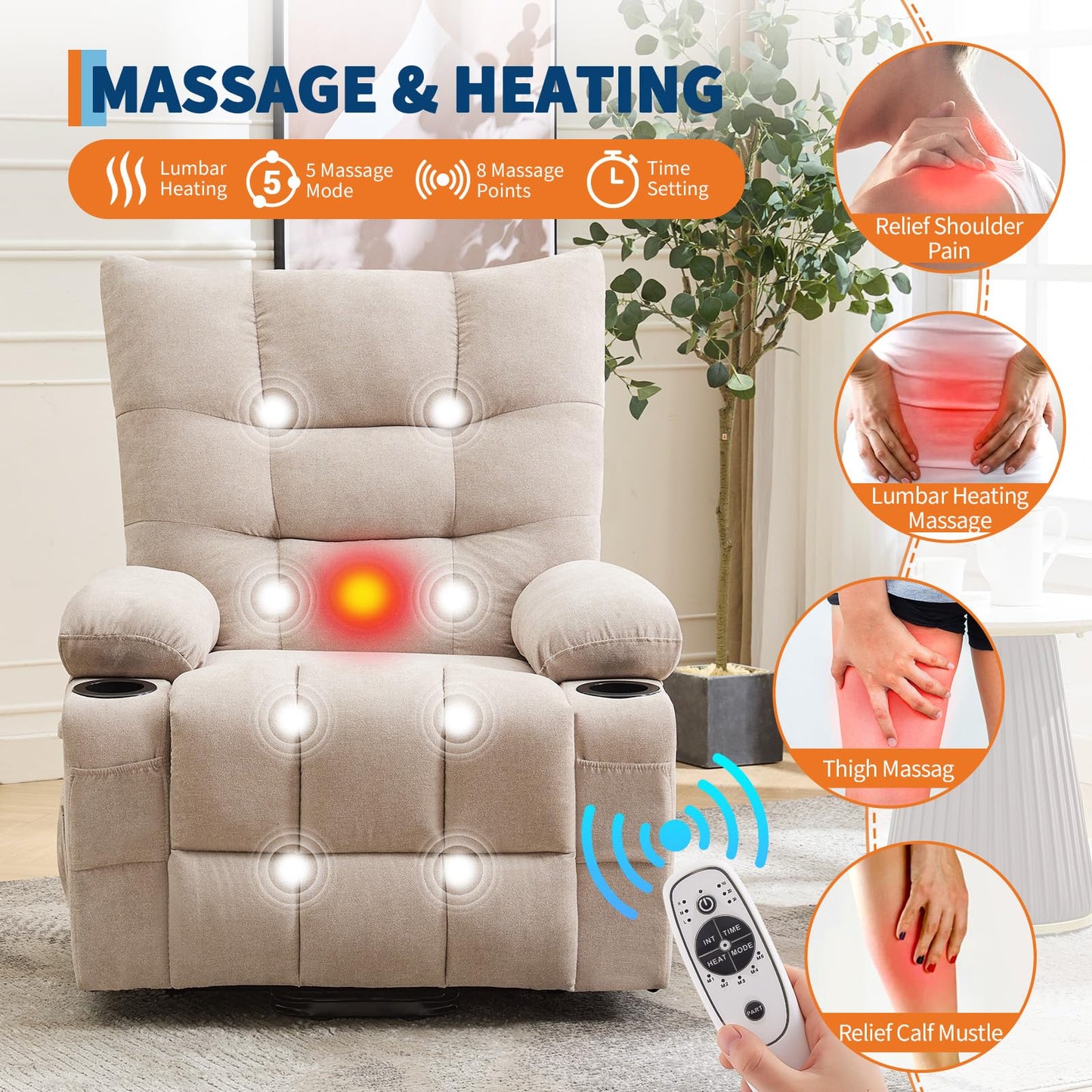 GarveeHome Power Lift Recliner Chair for Elderly with Massage and Heat, Oversized Electric Massage & Heat Recliner with Soft Padded Upholstery, Side Pocket & Cup Holders for Living Room, Beige