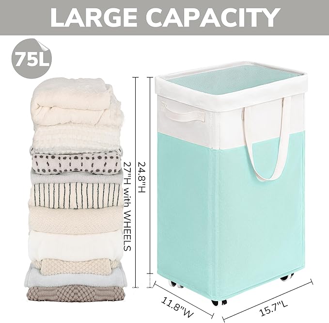 Goodpick Laundry Basket with Wheels, 75L Laundry Hamper with Wheels, Large