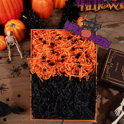 Jocomoni 1LB Halloween Crinkle Cut Paper Shred, Black Orange Crinkle Cut Paper with Spider Confetti Halloween Shredded Paper Filler for Gift Wrapping Craft DIY Packaging Filling Party Supply