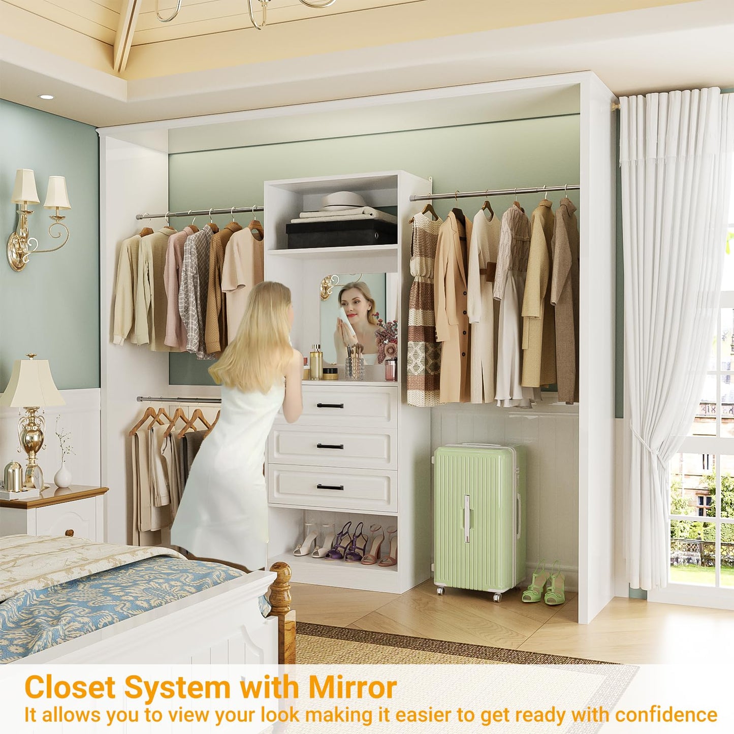 Unikito 48" W - 96” W Closet System with Mirror, 8FT Walk in Closet Organizer Kits with Drawers and 3 Extendable Hanging Rod, Sturdy Wood Clothing Garment Rack with 25” Tower, Max Load 1000 LBS, White