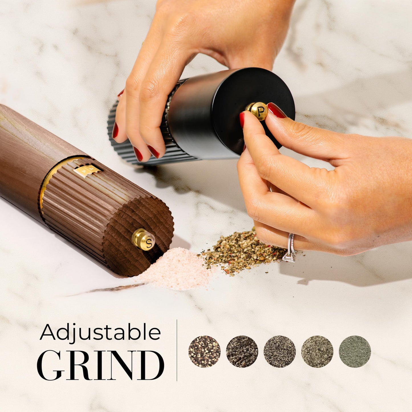 Wooden Salt and Pepper Grinder Set – Refillable Manual Salt and Pepper Mills with Adjustable Ceramic Burrs, Gold Detailing, and Wood Stand – Black and Dark Wood