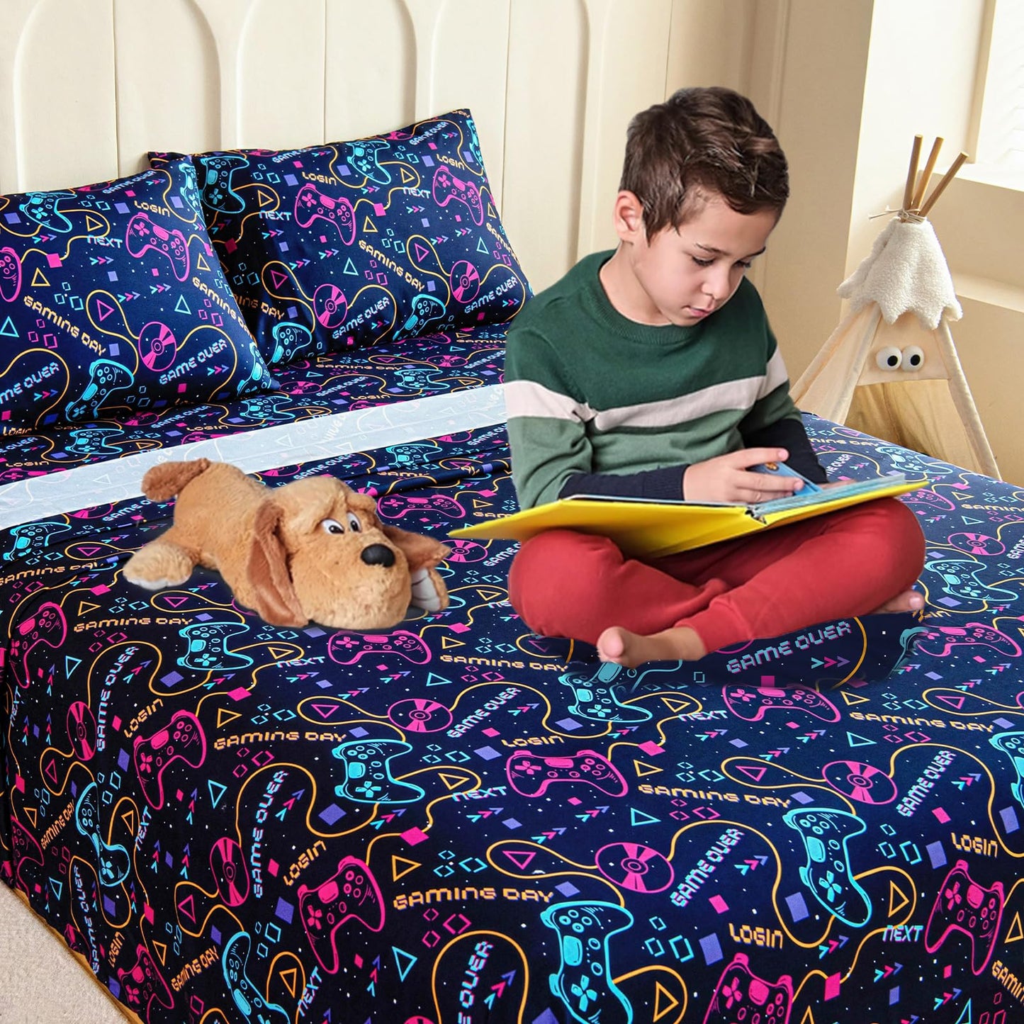 Homilay Full Sheet Set Kids - Gamepad 4 Pieces Soft Microfiber Cartoon Style Bedsheets for Boys Girls Teens, Oeko TEX Breathable 15 Inch Deep Pocket Sheets(Video Games)