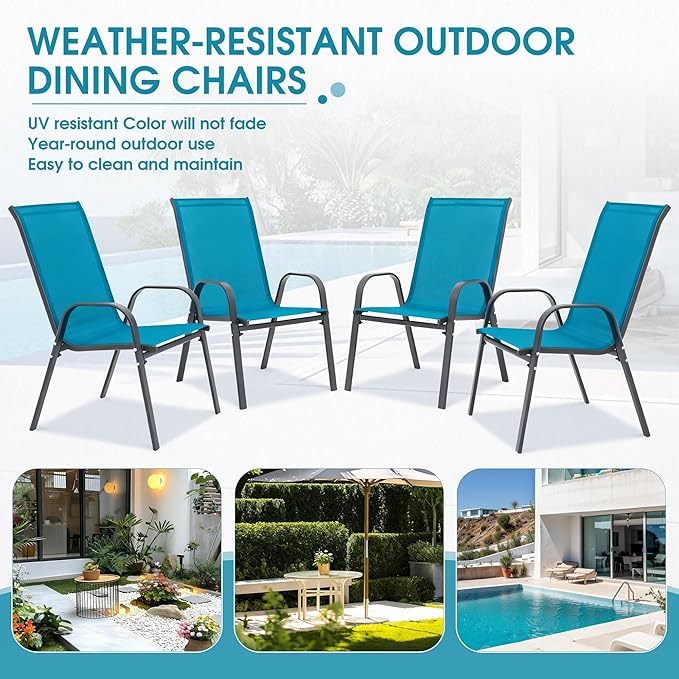 Outdoor Stackable Chairs Set of 4, Stacking Patio Chairs with Textilene Fabric, Outside Furniture for Garden Backyard Balconie Poolside Deck, Blue