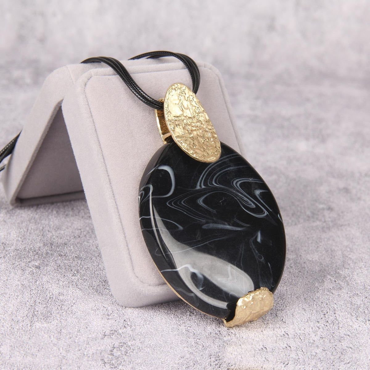 GelConnie Boho Pendant Necklace for Women Long Black Leather Cord Statement Jewelry with Large Oval Black Stone Pendant