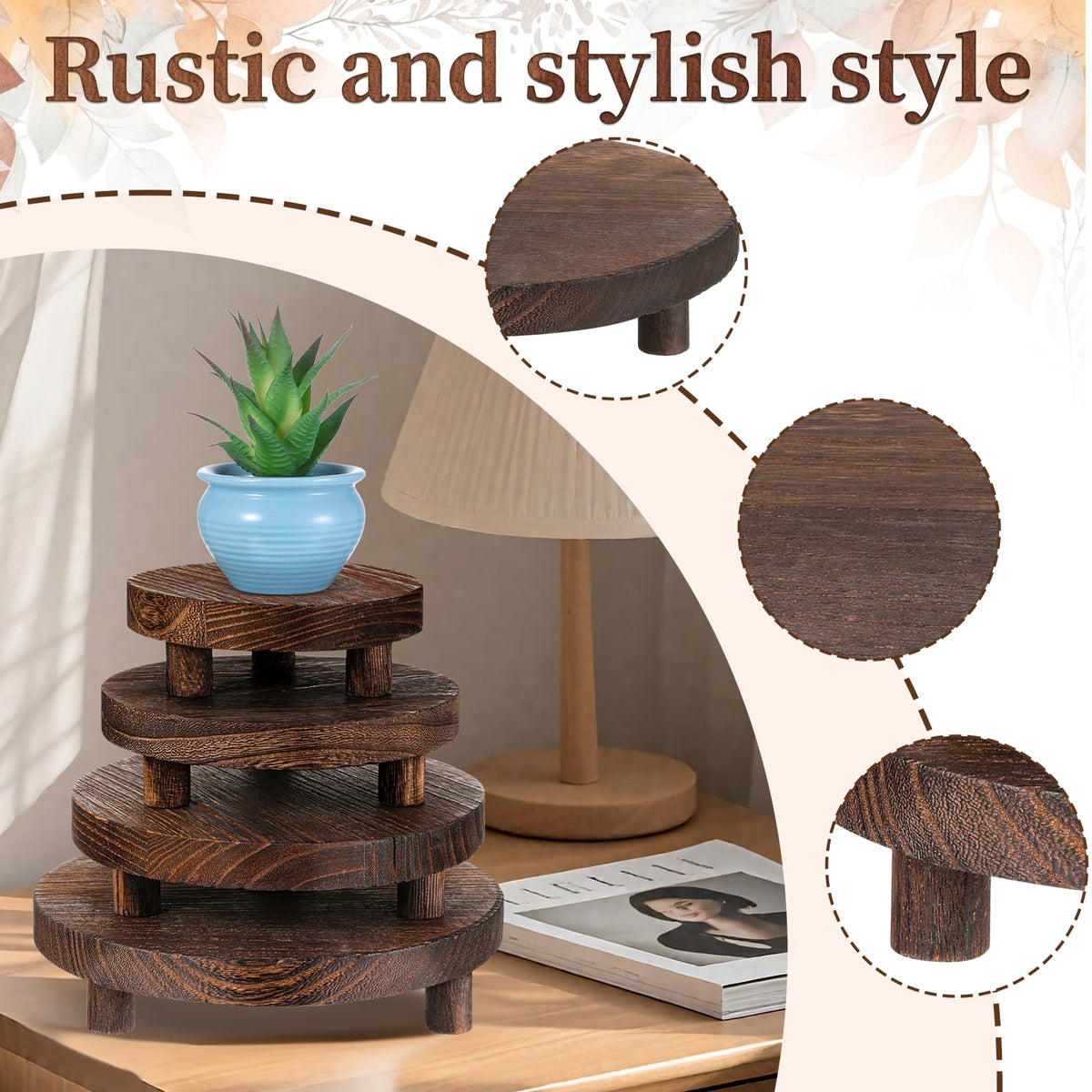 FdcZeyxior 4 Pcs Round Wood Risers Display Stands Wooden Risers for Table Display Mini Riser Stand Rustic Wooden Riser Holder Tiered Tray for Home Decor Kitchen Counter 4 Sizes Brown