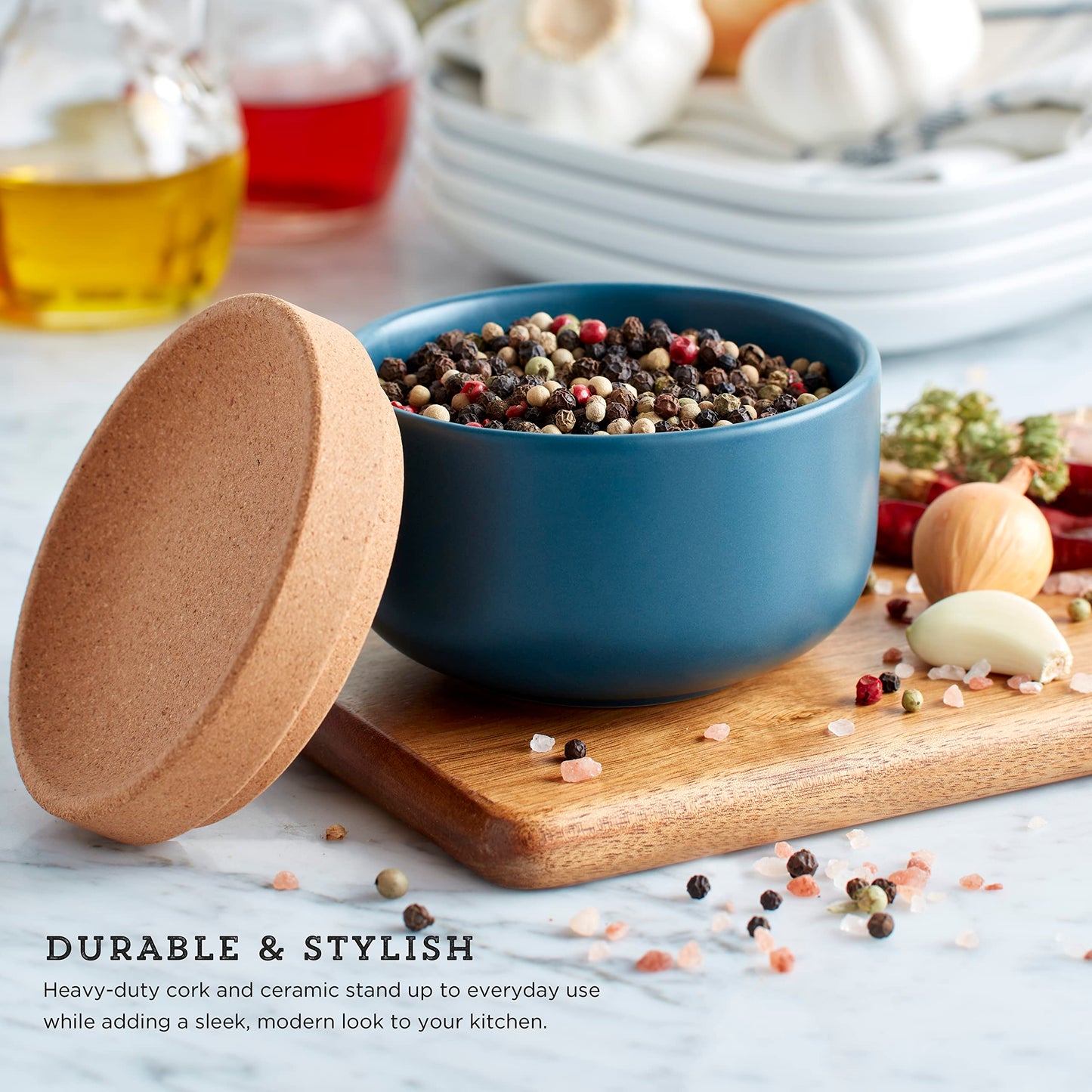 Kamenstein Ceramic and Cork Salt Pig with Easy Lift Lid for Easy Access,Teal