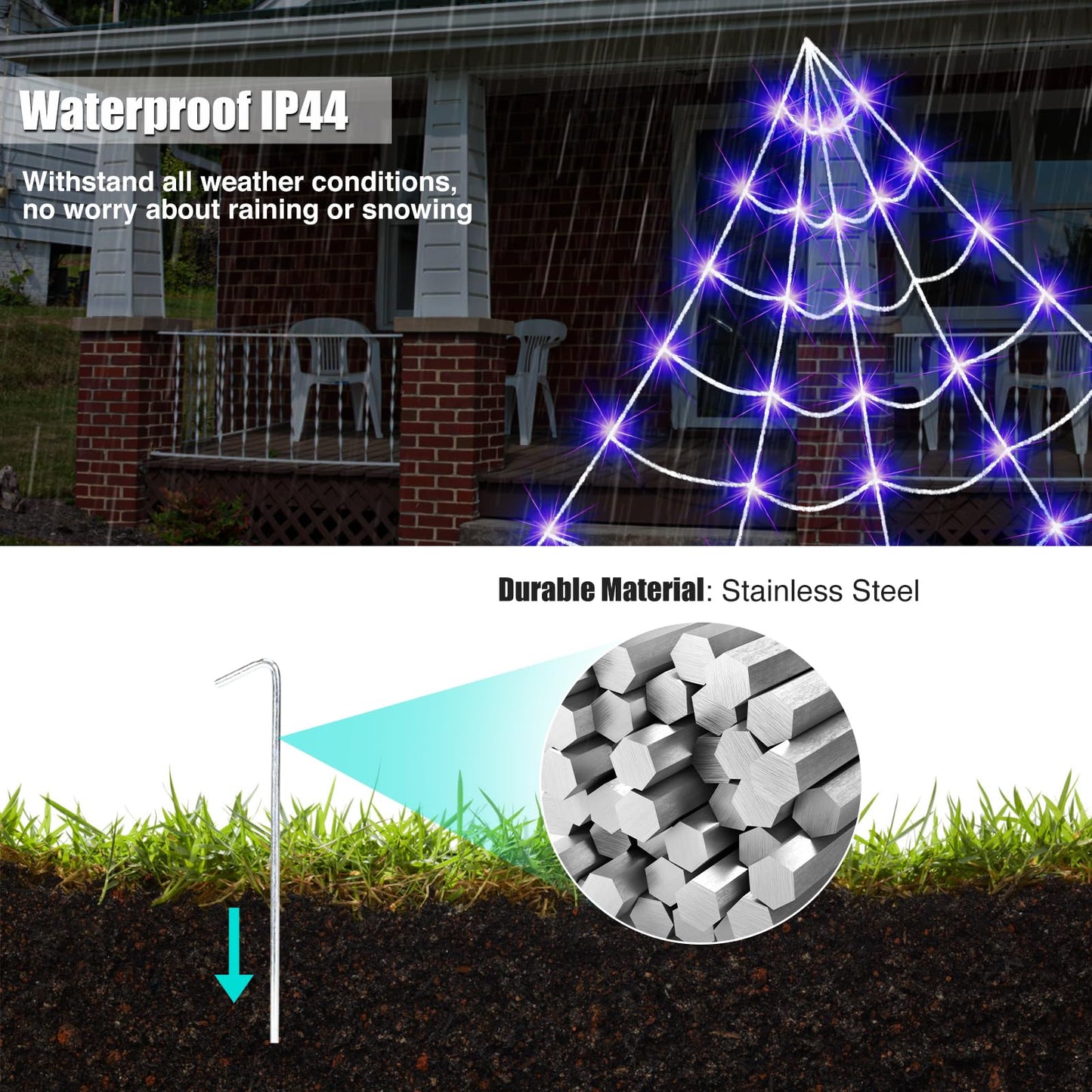 Outdoor Solar Powered Halloween Decorations Spider Web Lights, 14.8 x 16.4 FT Triangular White Spider Web with 135 LED Purple Lights, Large Size Solar Halloween Decor (Purple)