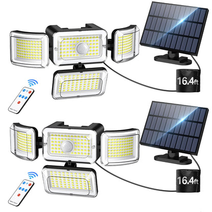 CLAONER Solar Outdoor Lights Motion Sensor 3500LM 288 LED Solar Security Lights with Remote Control IP67 Waterproof 4 Heads Solar Flood Lights with 16.4ft Cable 4 Modes Wall Lights(2 Pack)