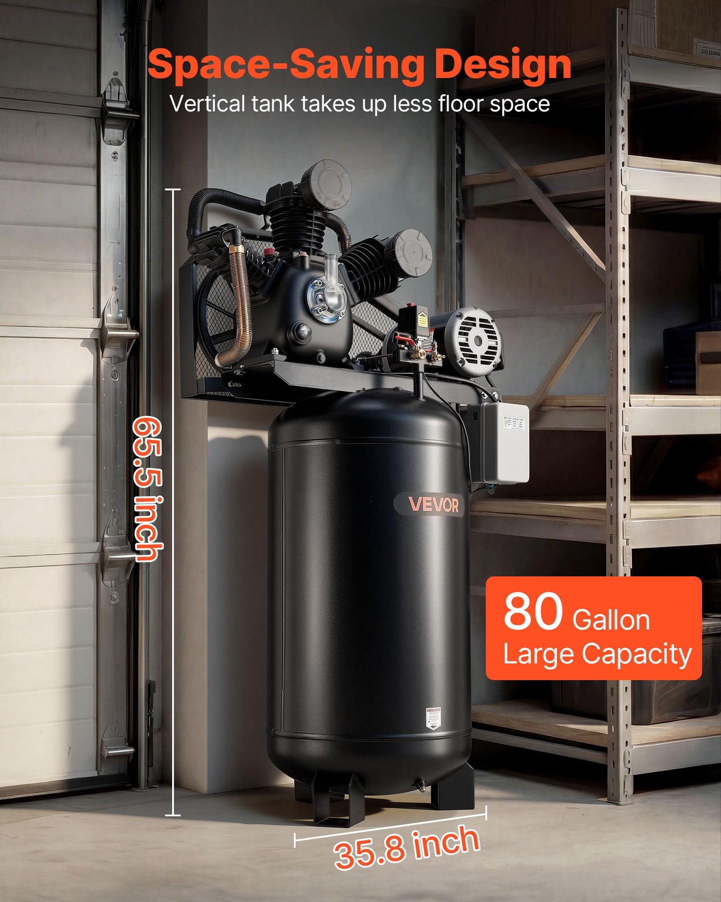 VEVOR 80 Gallons Heavy-Duty Air Compressor, 10HP 17 SCFM at 90PSI Air Compressors Max 175PSI, Oil-Lubricated Compressor Tank for Industrial Manufacturing, Large Workshops (230V 3-Phase, No Plug)