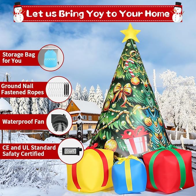 GOOSH 11.8 FT Christmas Inflatables Tree Outdoor Decorations Blow Up Christmas Tree Gift Box Yard with Colorful Light for Holiday Party Indoor Garden Lawn Decor (Yellow)