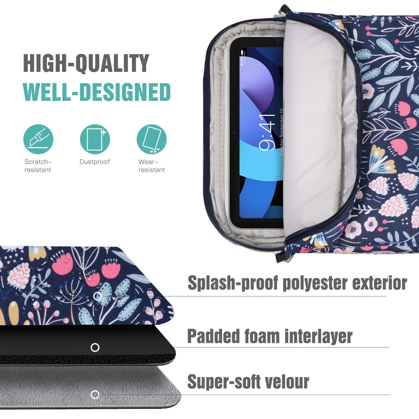 TiMOVO 9-11 Inch Tablet Sleeve Bag with Shoulder Strap for iPad 11-inch A16 2025, iPad 10.9"/10.2" | Air 11/5th/4th Gen. 10.9", Galaxy Tab A9 Plus 11", Colorful Flower